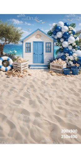 Tło fotograficzne „Nadmorska chatka z błękitnymi dekoracjami i muszlami” | 4036